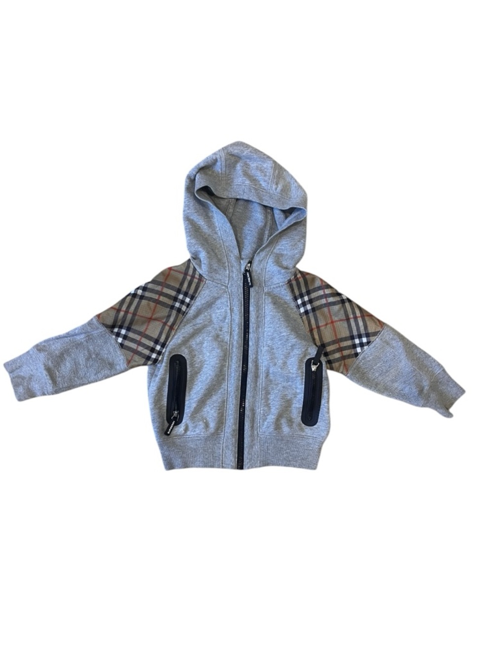 Gray Hooded Burberry Kids Zip Jacket with Plaid Sleeve Accents